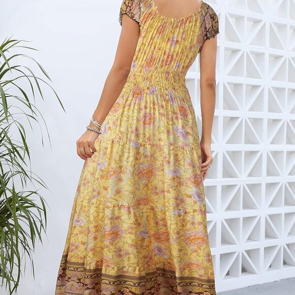 Women's 2025 Summer Short Sleeves Boho Floral Print Tiered Casual Flowy Long Max - Picture 2 of 5